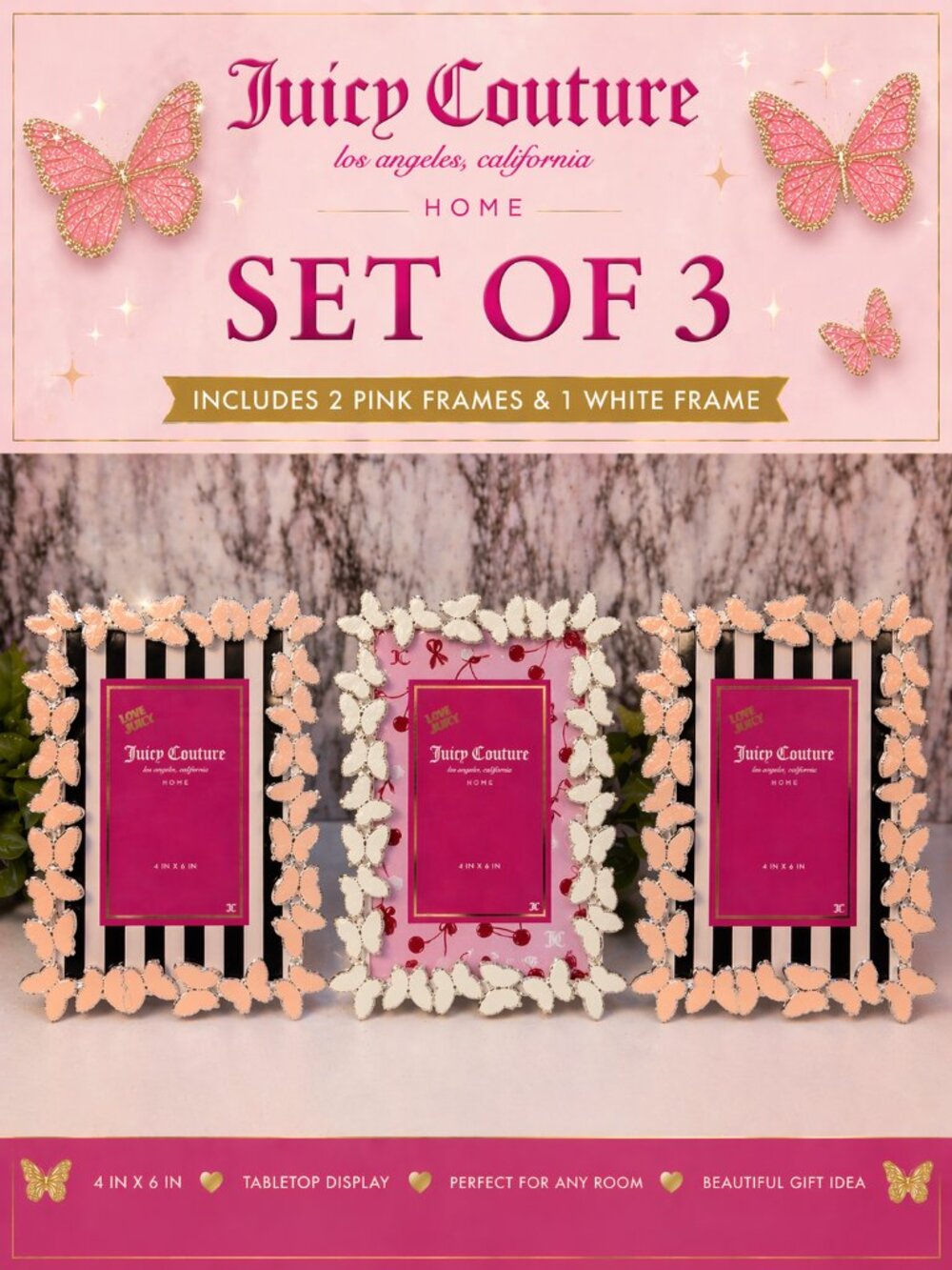 Juicy Couture Butterfly Photo Frame Set of 3 4x6 Pink&White Striped Cherry Glam
